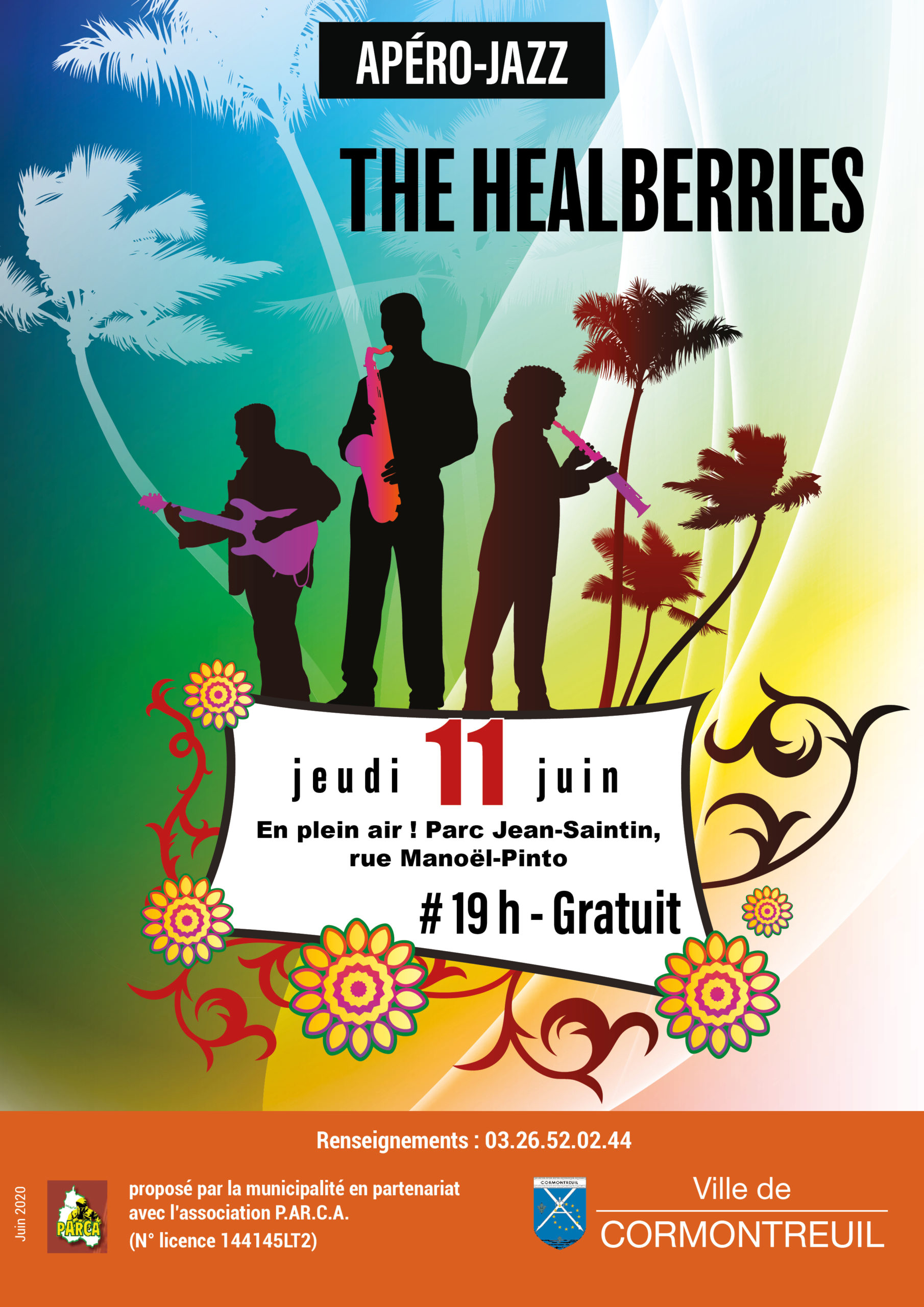 Cormontreuilaffiche apéro jazz The Healberries jeudi 11 juin 2020 parc Jean-Saintin 19h