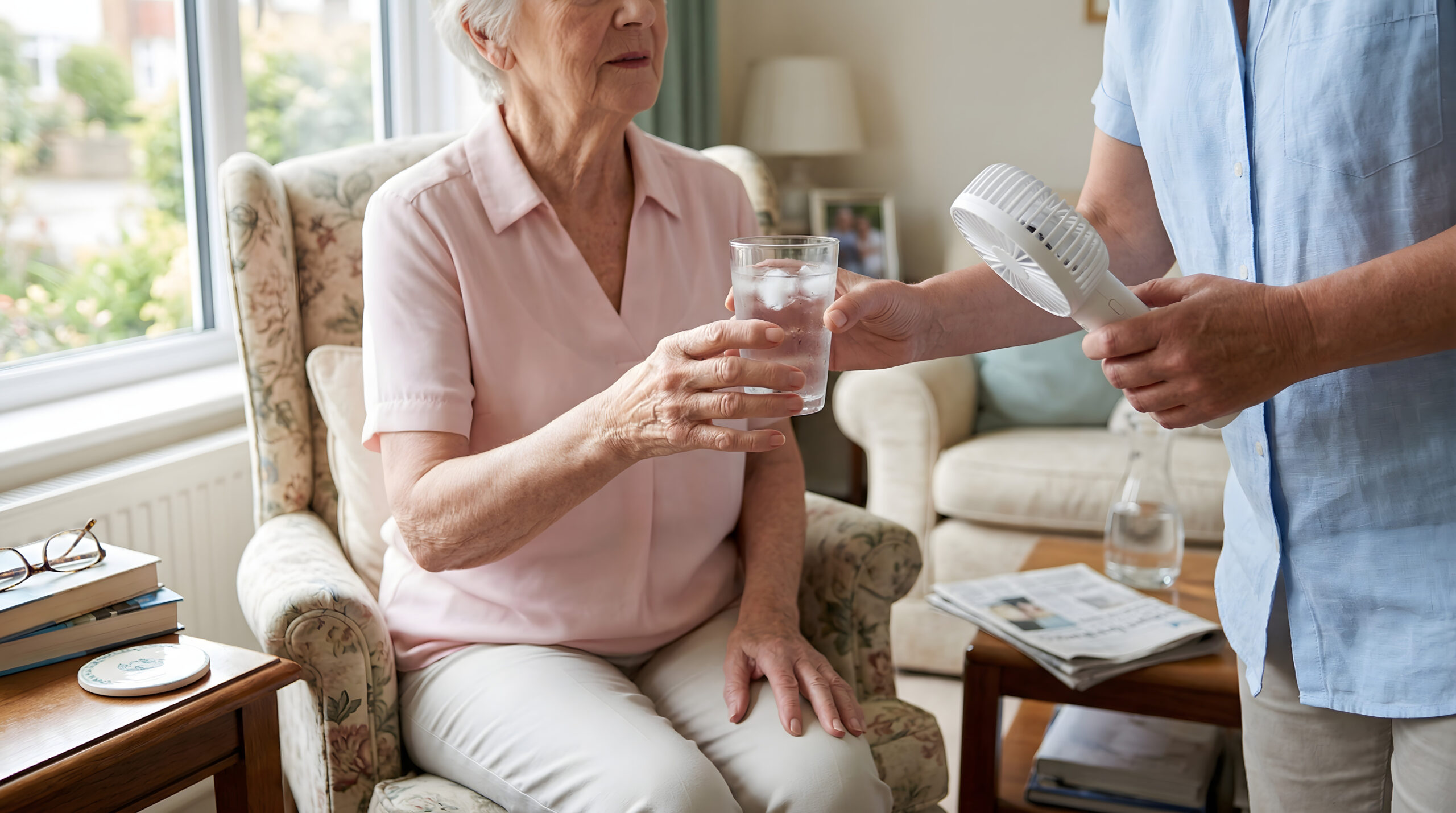 elderly woman receiving glass of ice water and portable handheld cooling fan from caregiver at home during summer heatwave for hydration and relief from high temperatures